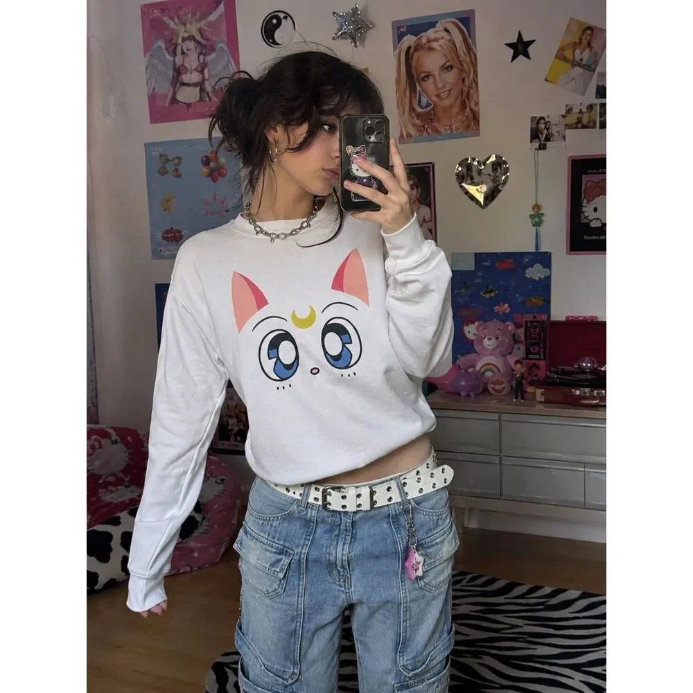 Sailor Moon White Y2k Pullover Sweatshirt Top  Girls Size 13 - 14 Years